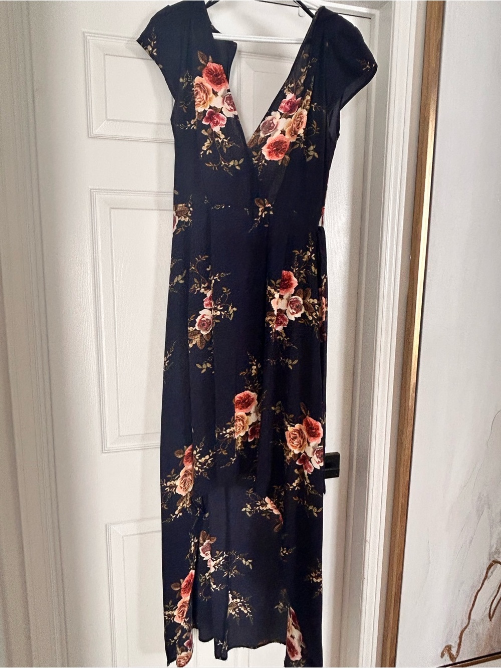 AX Paris navy high and low Maxi Dress with Pink and Cream Rose Print